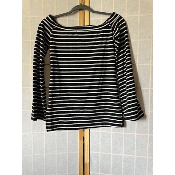 🔵 5 for $25 ZJCT womens black and white striped off the shoulder longsleeve top - Picture 2 of 5